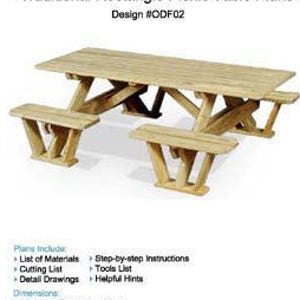 May include: Plans for building a traditional rectangle picnic table. The table is made of wood and has a natural finish. The plans include a list of materials, cutting list, detail drawings, step-by-step instructions, tools list, and helpful hints. The table is 57 inches wide, 72 inches long, and 30 inches high. The bench is 26 inches wide, 11 1/2 inches deep, and 17 inches high.