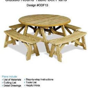 May include: Classic round table set plans, design #ODF13. The set includes a 51 1/2 inch diameter round table and four arch benches. The table and benches are made of wood and have a natural finish.