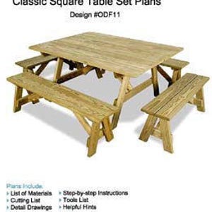 May include: Classic square table set plans, design #ODF11. Includes a list of materials, cutting list, detail drawings, step-by-step instructions, tools list, and helpful hints. Dimensions: Square table: 54"W x 40"D x 30"H, Short bench: 40"W x 11 1/2"D x 18"H, Long bench: 48"W x 11 1/2"D x 18"H.
