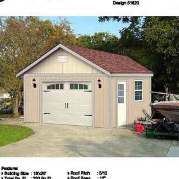 16 x 20 Garage / Yard Storage Gable / Workshop Building Project Blueprints Plans, Step-by- Step Instructions Included, Design #51620