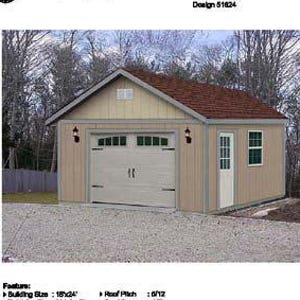 16 ft x 24 ft Garden Storage Structure Blueprints / Car Garage Shed Plans, Step-by- Step Instructions Included, Design #51624