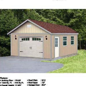 16 ft x 28 ft Classic Gable Roof Car Garage Blueprints  /  Storage Shed Plans, Step-by- Step Instructions Included, Design #51628