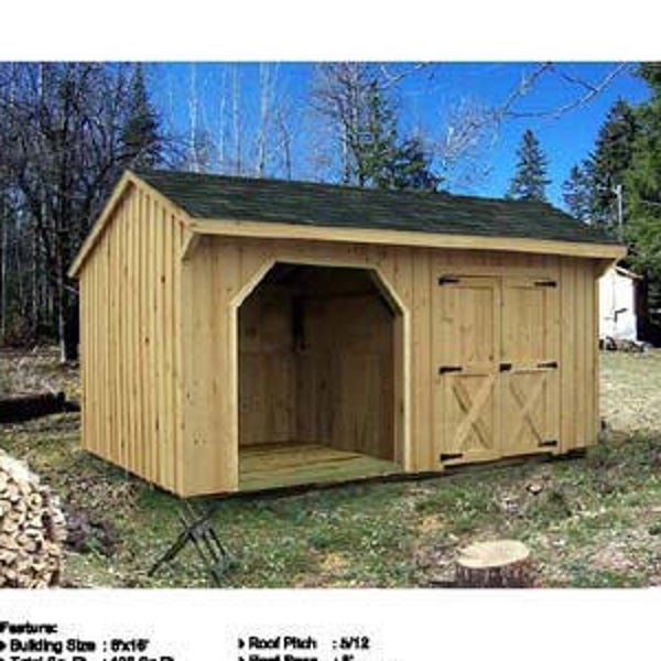 8' x 16' Combo Firewood and Garden Storage Shed Plans,  Material List and Step-by- Step Instructions Included, Design #70816