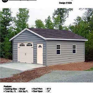 18 ft x 28 ft Car Garage / Workshop Structure / Storage Shed Project Blueprints Plans, Step-by Step Instructions Included, Design 51828 image 1