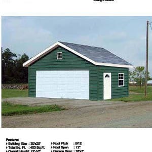 20 x 20 Two Car Garage / Workshop / Storage Shed Building Project Blueprints Plans, Step-by Step Instructions Included, Design 52020 image 1