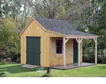 May include: A 12x12 foot storage shed plan with a gabled roof, a porch, and a single door. The plan includes a list of materials, step-by-step instructions, and full-size templates. Plans Design 81212.