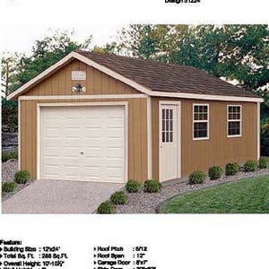 Garage Plans 12 x 24 Structures Building / Storage Shed Project Blueprints Plans, Step-by- Step Instructions Included, Design #51224
