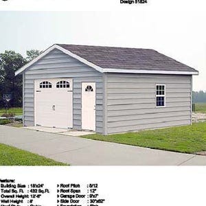 18' X 24' Car Garage / Workshop Structure / Storage Shed Project Blueprints Plans, Step-by Step Instructions Included, Design 51824 image 1