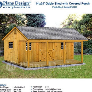 14' X 24' Shed with Porch, Guest House, Cottage or Cabin Building Plans, Material List Included #P51424