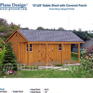 12&#39; X 20&#39; Shed with Porch, Guest House, Cottage or Cabin Building Plans, Material List Included #P51220