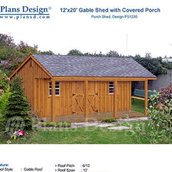 12' X 20' Shed with Porch, Guest House, Cottage or Cabin Building Plans, Material List Included #P51220