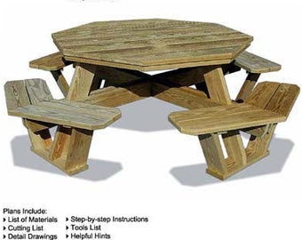 Garden Octagon Picnic Table Outdoor Furniture Woodworking Plans, Material List and Step-By Step Instructions Included, Design # ODF06