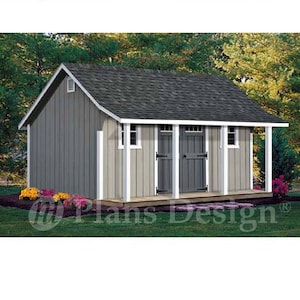 May include: A detailed illustration of a gray shed with a porch, featuring a bonnet roof and double doors. The shed is 10'x16' with a 4'x16' porch. The image includes the text "Plans Design" and shed plan details.