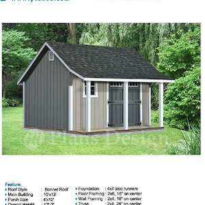 14' x 12' Garden Storage Shed with Porch Plans / Blueprints, Material List and Step-by- Step Instructions Included #P81412