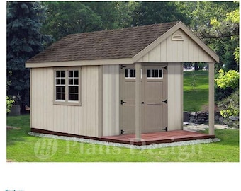 14x10 Cabin Shed with Porch Plans, Loft, Material List (Blueprints)