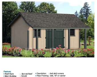 16 x 16 ft Guest House Storage Shed with Porch Plans / Blueprints, Material List and Step-by- Step Instructions Included #P81616