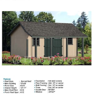16 x 16 ft Guest House Storage Shed with Porch Plans / Blueprints, Material List and Step-by- Step Instructions Included #P81616