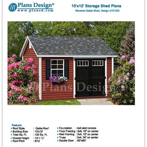 Deluxe Shed Plans 10' x 12' Reverse Gable Roof Style, Material List and Step By Step Included, Design # D1012G