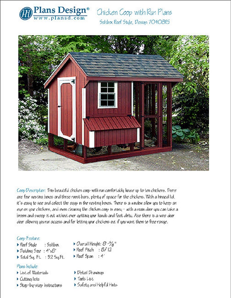 Chicken Coop With Run Pet House 4 X 8 Saltbox Roof Style Plans Design 70408rs