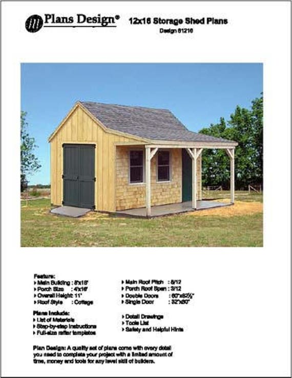 12' x 16' cottage / cabin shed with porch plans / etsy