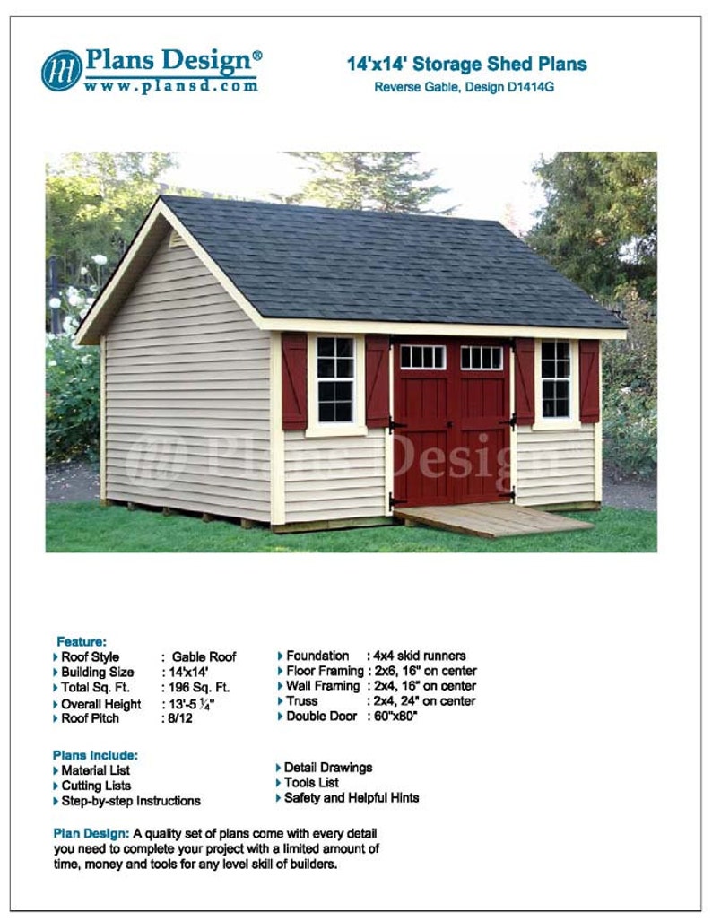 14x14 Garden Shed Plans, Reverse Gable Roof (building Blueprints) - Etsy