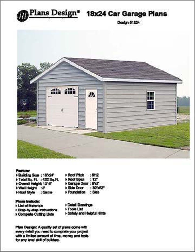 18' X 24' Car Garage / Workshop Structure / Storage Shed Project Blueprints Plans, Step-by Step Instructions Included, Design 51824 image 1