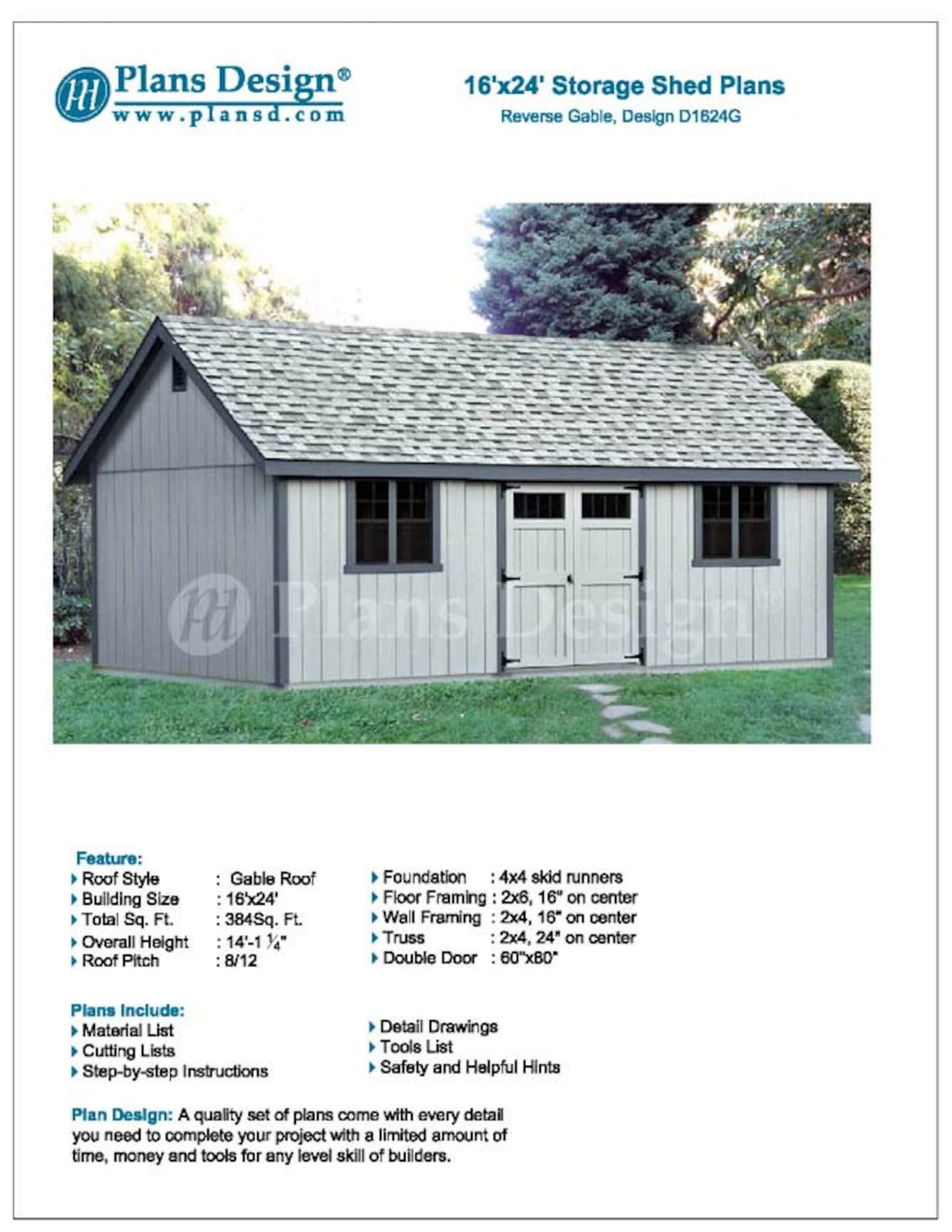 16' X 24' Backyard Storage Shed Plans Gable Roof, Material List, Detail