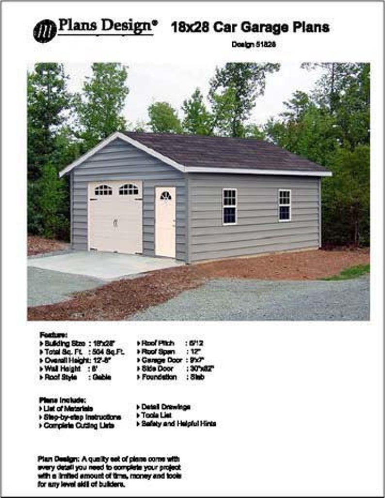 18 ft x 28 ft Car Garage / Workshop Structure / Storage Shed Project Blueprints Plans, Step-by Step Instructions Included, Design 51828 image 1