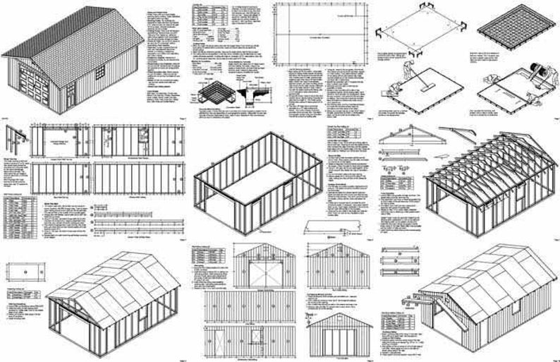 16 ft x 24 ft Garden Storage Structure Blueprints / Car Garage Shed Plans, Step-by Step Instructions Included, Design 51624 image 2