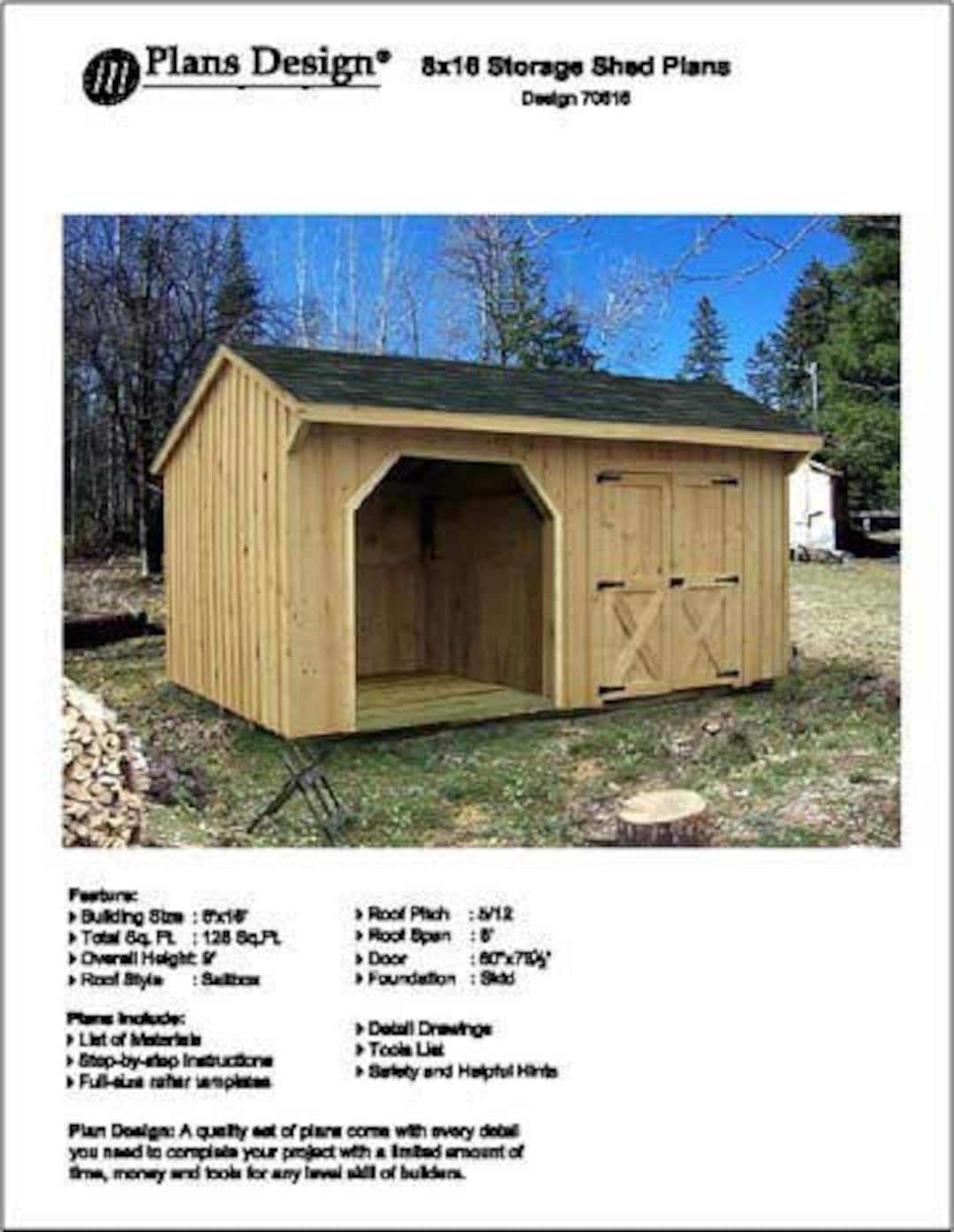 8' X 16' Combo Firewood and Garden Storage Shed Plans, Material List and  Step-by- Step Instructions Included, Design #70816 - Etsy Israel, image size:1080x1395
