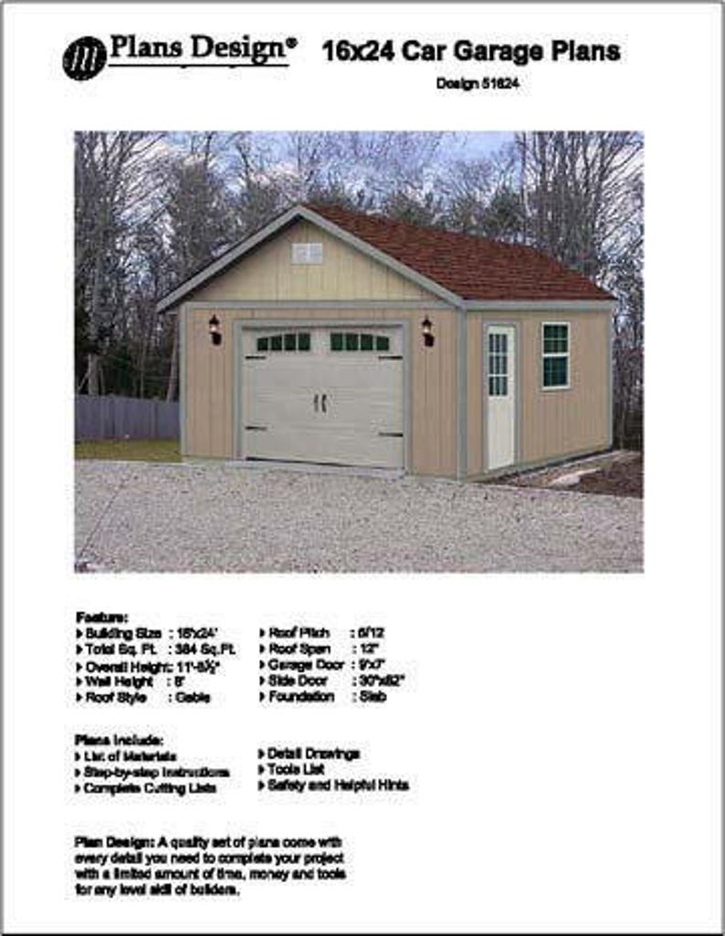 16 ft x 24 ft Garden Storage Structure Blueprints / Car Garage Shed Plans, Step-by Step Instructions Included, Design 51624 image 1