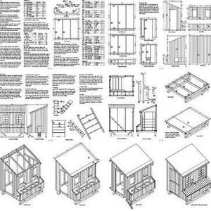 May include: A detailed blueprint for building a chicken coop. The plans include multiple views of the coop, showing the construction process from the foundation to the roof. The plans also include detailed measurements and instructions.