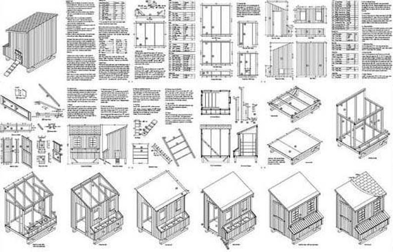 May include: A detailed blueprint for building a chicken coop. The plans include multiple views of the coop, showing the construction process from the foundation to the roof. The plans also include detailed measurements and instructions.