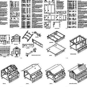 Pu&ograve; includere: Progetti e diagrammi dettagliati in bianco e nero per la costruzione di un piccolo pollaio. L'immagine include varie viste, comprese proiezioni isometriche, e piani di costruzione dettagliati.