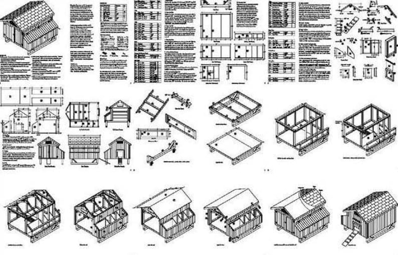 Pu&ograve; includere: Progetti e diagrammi dettagliati in bianco e nero per la costruzione di un piccolo pollaio. L'immagine include varie viste, comprese proiezioni isometriche, e piani di costruzione dettagliati.