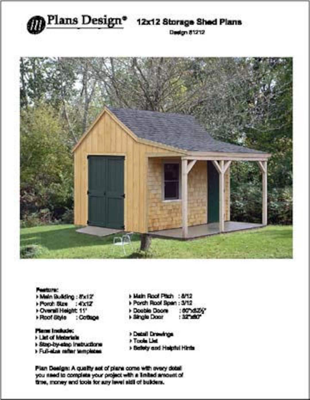 12' X 12' Cottage / Cabin Shed With Porch Plans / Blueprints, Material List  and Step-by- Step Instructions Included, Design 81212 - Etsy Israel, image size:1080x1395