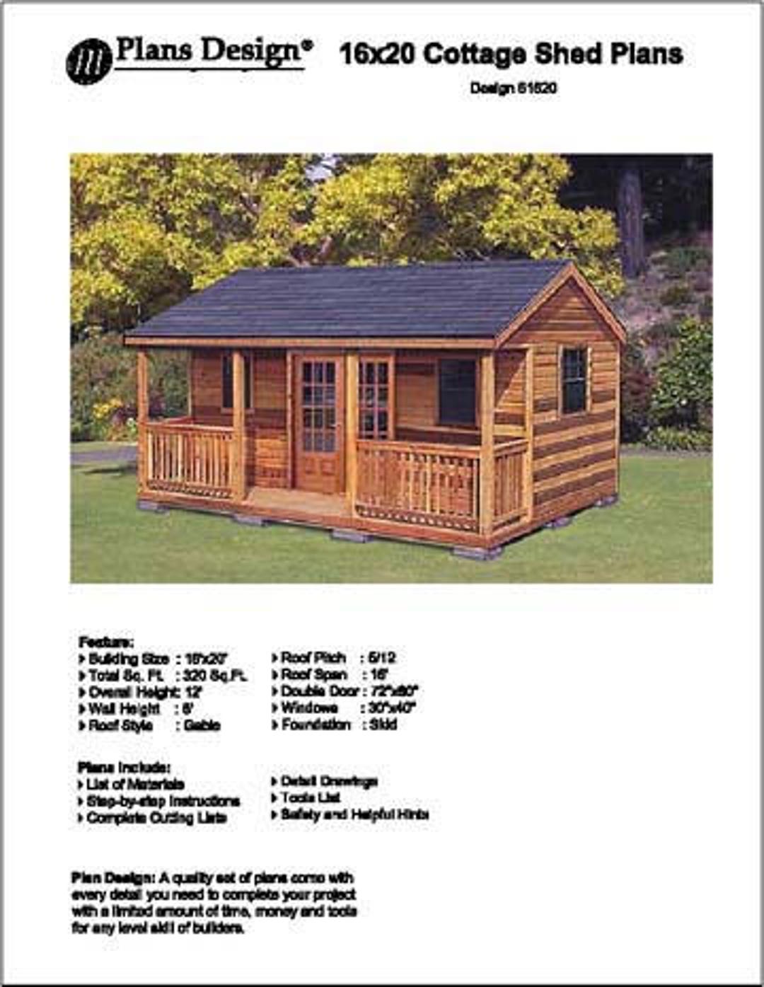 16' X 20' Cabin Shed / Guest House Building Plans / Blueprints, Material  List and Step-by- Step Instructions Included, Design 61620 - Etsy Israel, image size:1080x1395