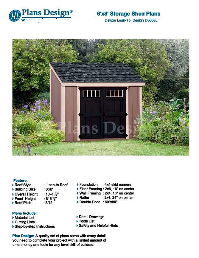 6' X 8' Garden Storage Lean-to Shed Plans / Blueprints, Material List ...