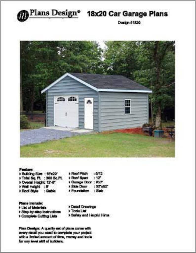 18 ft x 20 ft Car Garage / Workshop Structure / Storage Shed Project Blueprints Plans, Step-by Step Instructions Included, Design 51824 image 1