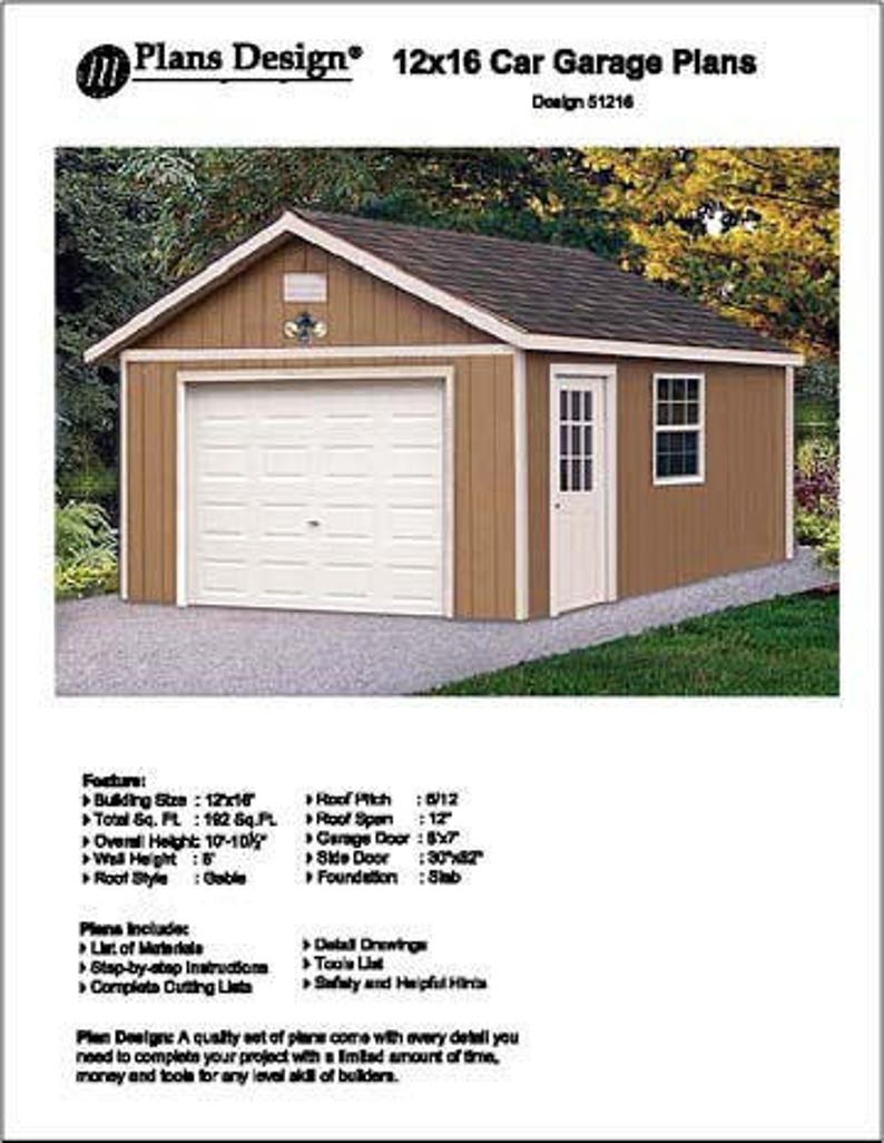 12 x 16 Garage Shed / Workshop Building Project Blueprints Plans, Material List and Step-by Step Instructions Included, Design 51216 image 1