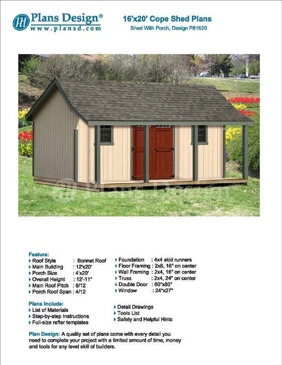 16 x 20 ft Guest House Storage Shed with Porch Plans / Etsy