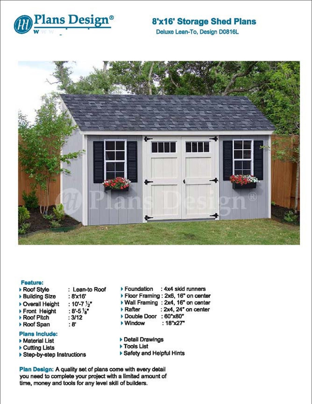 8' X 16' Garden Storage Lean-to Shed Plans / Blueprints, Material List,  Detail Drawnings and Step-by- Step Instructions Included #D0816L - Etsy, image size:1080x1397