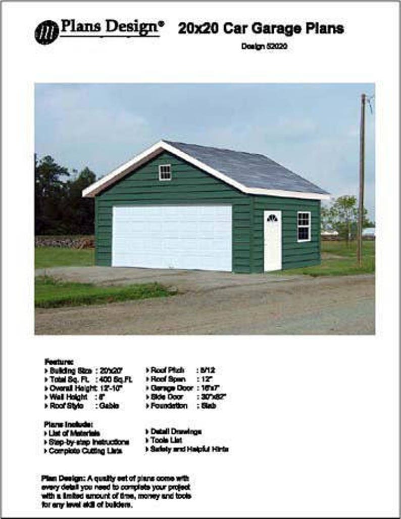 20 x 20 Two Car Garage / Workshop / Storage Shed Building Project Blueprints Plans, Step-by Step Instructions Included, Design 52020 image 1