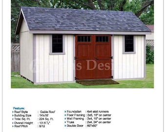 14' x 16' Backyard Storage Shed Plans Building Blueprints, Material List, Detail Drawnings and Step-by- Step Instructions Included #D1416G