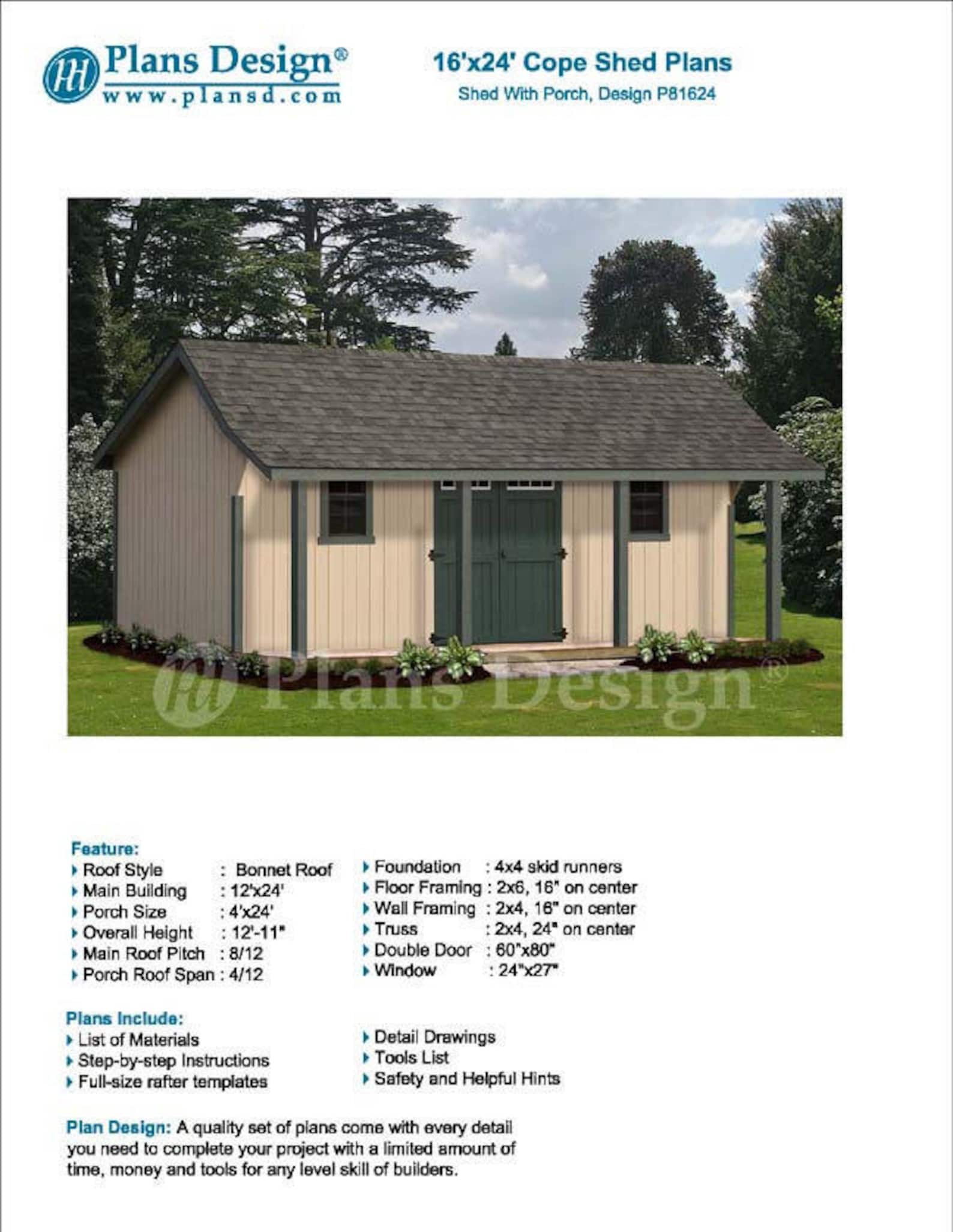 16' X 24' Guest House / Storage Shed With Porch Plans / Blueprints