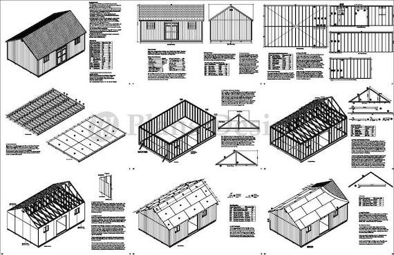 Plano De Cobertizo 16x24 Pies (4.8x7.3 M) – Planes De Construcción Para Garaje O Almacén, Diseño #51624 Con Techo A Dos Aguas