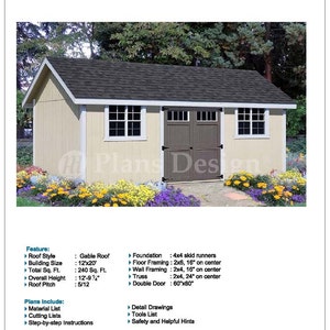 12&#39; x 20&#39; Storage Gable Shed Plans / Blueprints, Material List, Detail Drawnings and Step-by- Step Instructions Included #D1220G