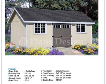 May include: A set of plans for building a 12' x 20' storage shed with a reverse gable roof. The plans include a material list, cutting lists, step-by-step instructions, detail drawings, a tools list, and safety and helpful hints. The shed features a double door and is built with 4x4 skid runners, 2x6 floor framing, 2x4 wall framing, and 2x4 trusses.
