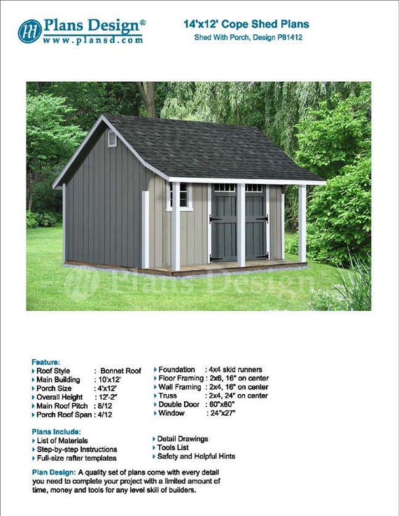 14' x 12' Garden Storage Shed with Porch Plans / | Etsy