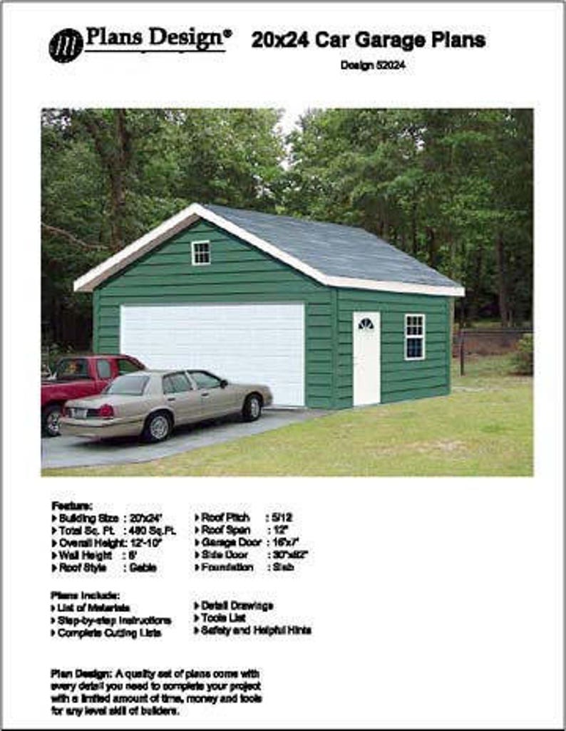 20 x 24 Two Car Garage Plans / Workshop Building Project Blueprints Plans, Step-by Step Instructions Included, Design 52024 image 1